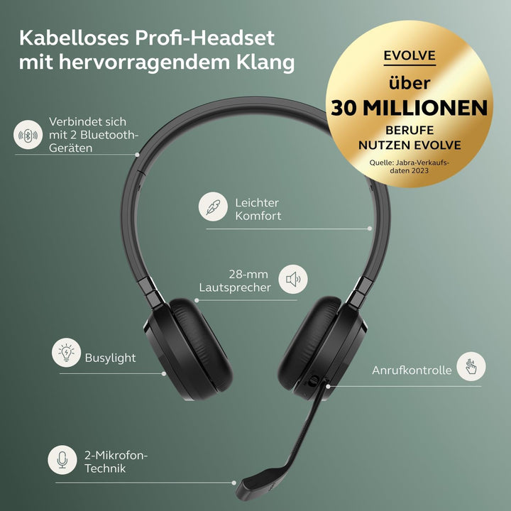 Jabra Evolve 65 TE (3. Ausgabe 2025) Kabellos Bluetooth-Stereo-Headset mit Geräuschunterdr.-Mikrofon