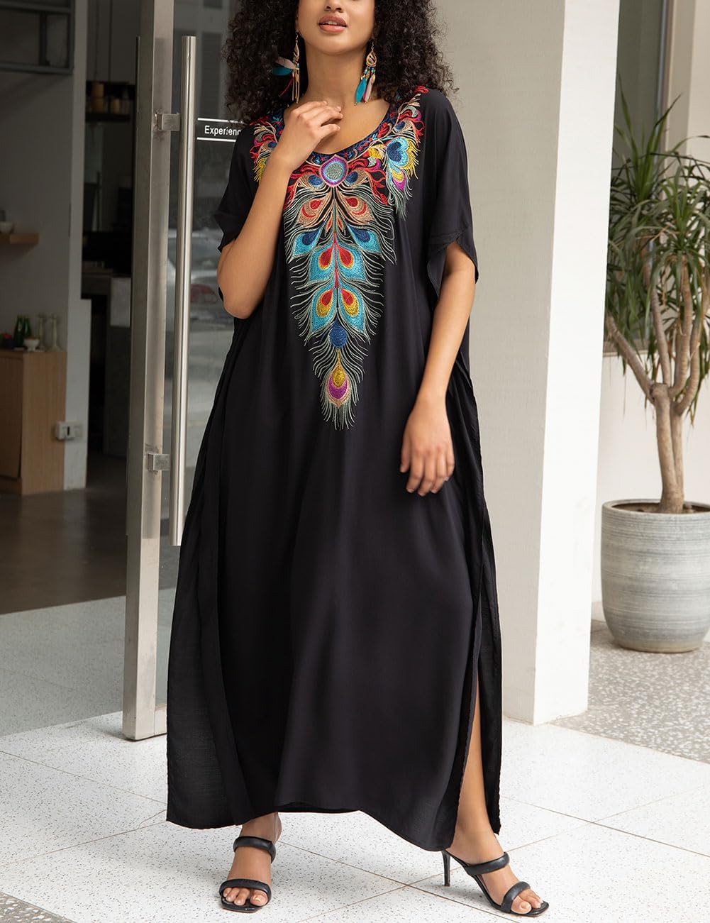 Bsubseach Damen Stickerei Kurzarm Bikini Strandkleid Side Split Beach Kaftan Kleid Ff-schwarz, Ff-sc
