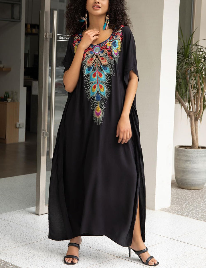Bsubseach Damen Stickerei Kurzarm Bikini Strandkleid Side Split Beach Kaftan Kleid Ff-schwarz, Ff-sc