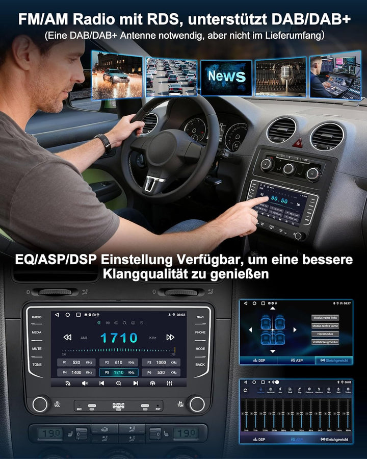 Autoradio mit Bildschirm Bluetooth 2+64GB für VW Golf 5 6 Polo T5 Passat Touran Seat Skoda, 2Din Aut