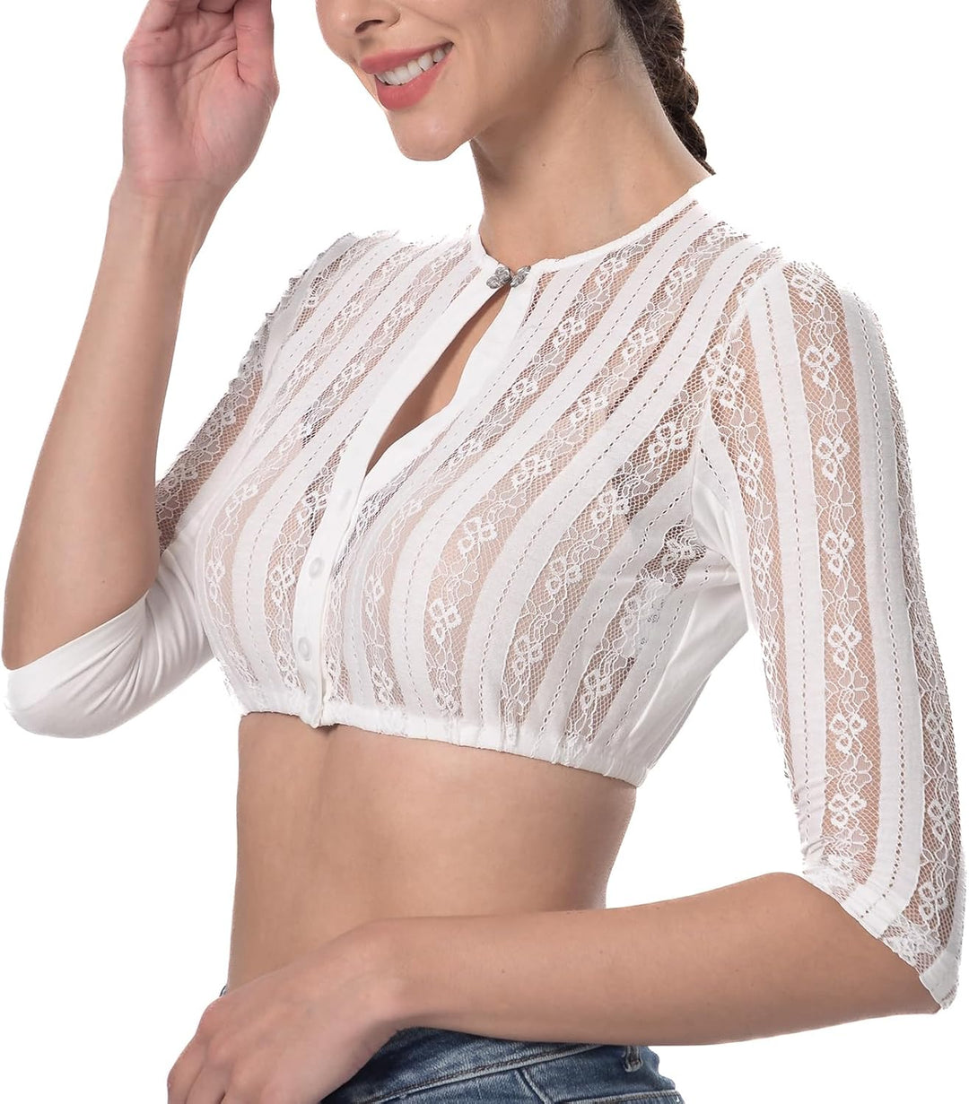Kelliar Dirndlbluse Damen Trachtenbluse Creme Dirndl Bluse für Bavarian Oktoberfest 32 Creme-24, 32