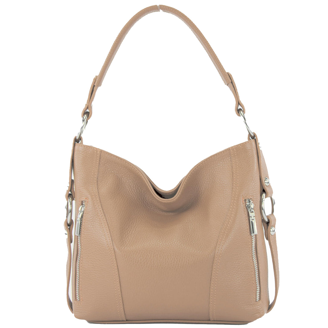 modamoda de T202 Damen Leder Henkeltasche Schultertasche handmade in Italy Beige, Beige