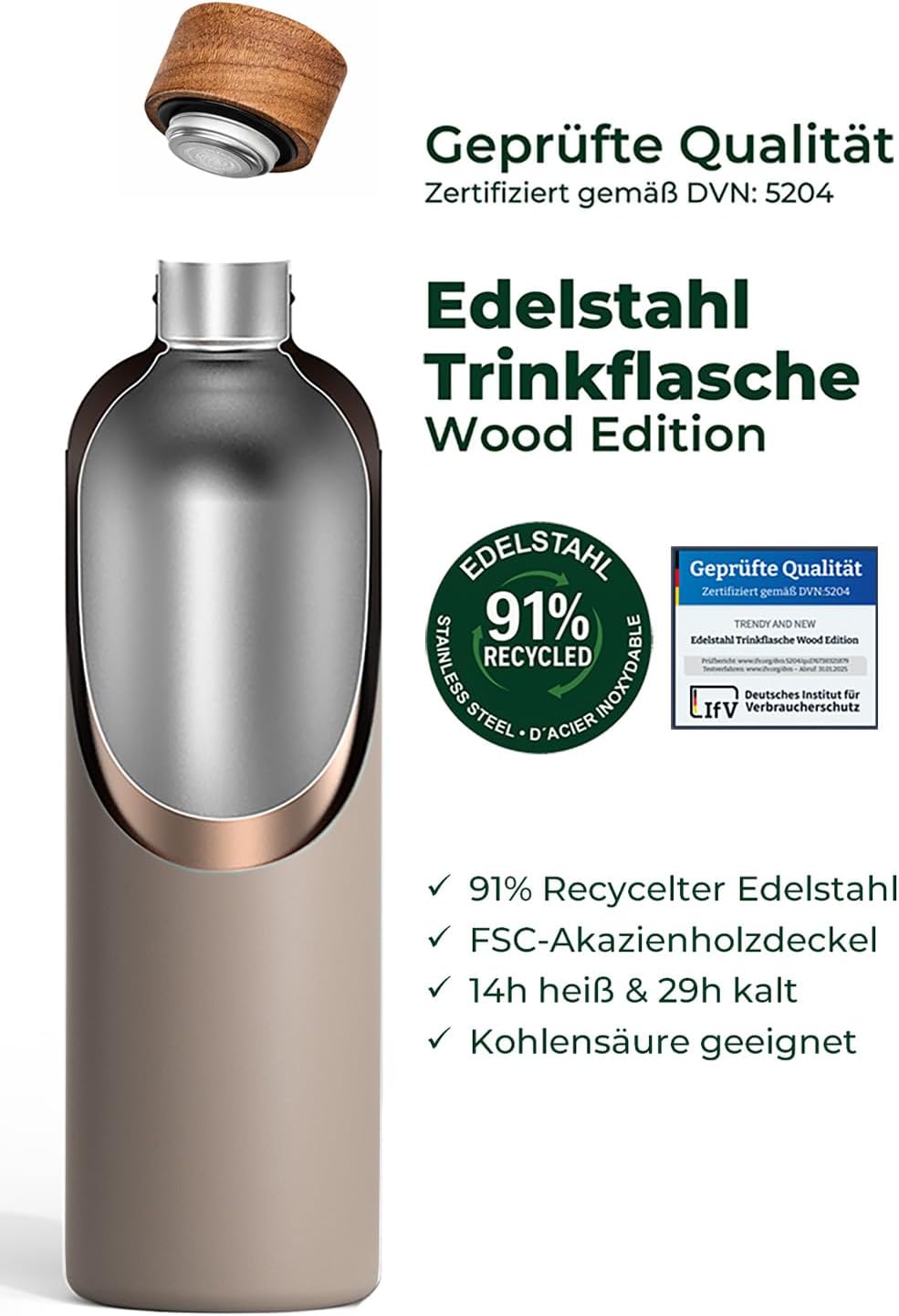 T&amp;N Edelstahl Trinkflasche 1 Liter, Thermosflasche 1l mit Akazienholz Deckel, Isolierte Wasserflasch