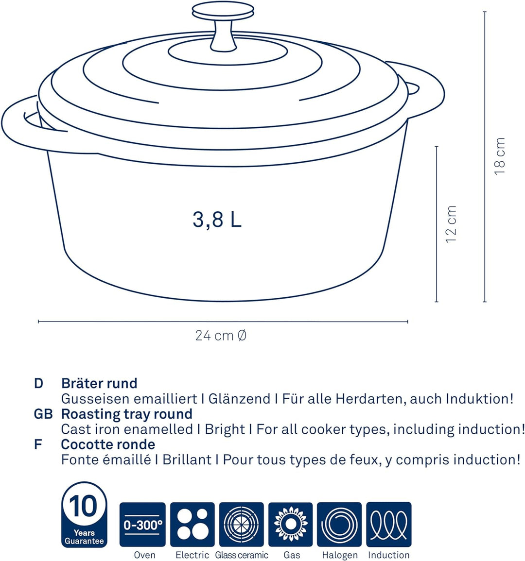 kela Bräter Calido, Ø 24 cm, 3,8 L, Gusseisen, hellgrau, rund, Allherdboden, emailliert, hitzebestän
