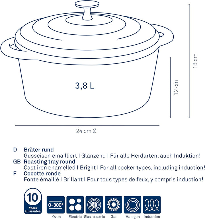 kela Bräter Calido, Ø 24 cm, 3,8 L, Gusseisen, hellgrau, rund, Allherdboden, emailliert, hitzebestän