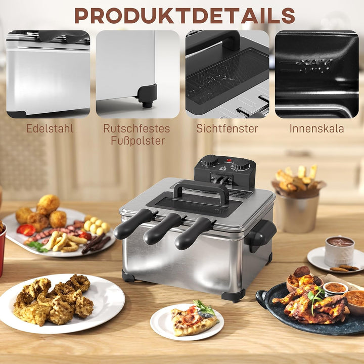 HOMCOM Fritteuse mit 5L Kapazität, Einstellbare Temperatur & Timer, Öl-Fritteuse mit Abnehmbarer Öl-