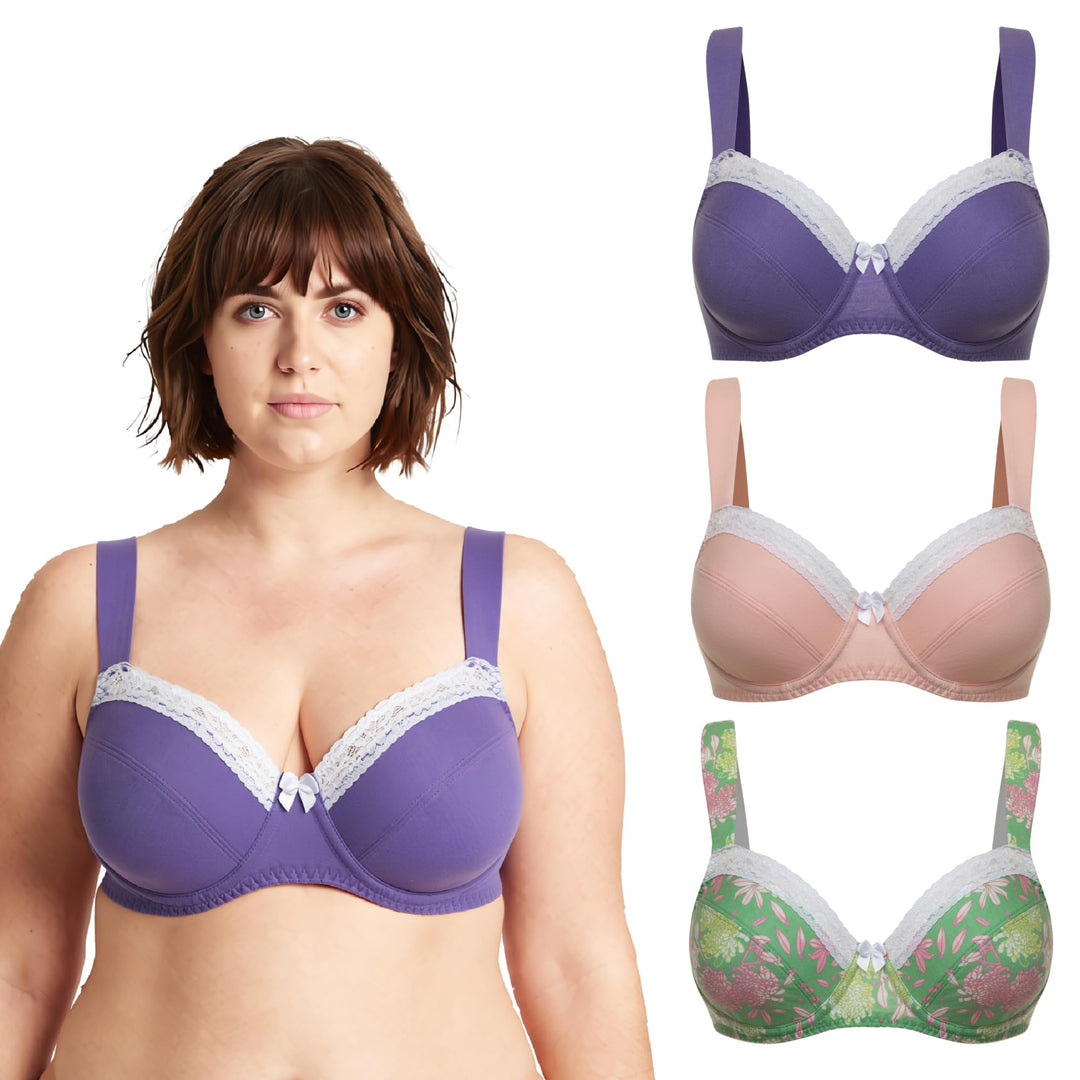 Curve Muse Damen-BH, ungefüttert, Balconette, Baumwolle, Spitze, Übergrösse, 2er- oder 3er-Pack 75B