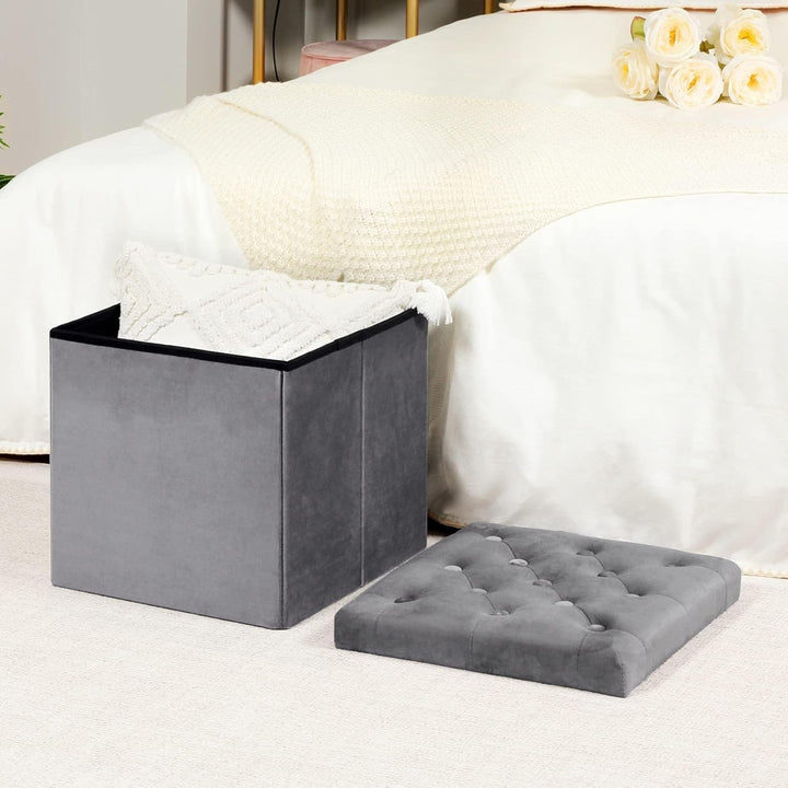 Bonlife Faltbarer Sitztruhe mit Stauraum,Samt Sitzwürfel Couch Hocker,Aufbewahrungsbox mit Deckel,Fu