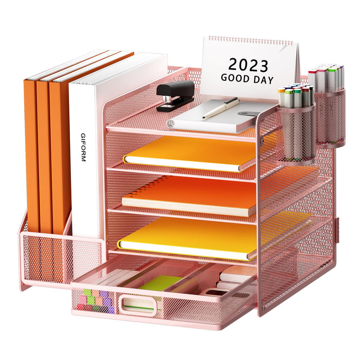 Schreibtisch Organizer mit Aktenhalter, 5-stufiger Papier Organizer mit Schublade und 2 Stifthaltern