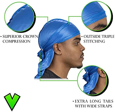 Veeta Superior Silk Durag - Smooth Silk Durag for Men & Women, Long Double Wide Straps, Outside Seam