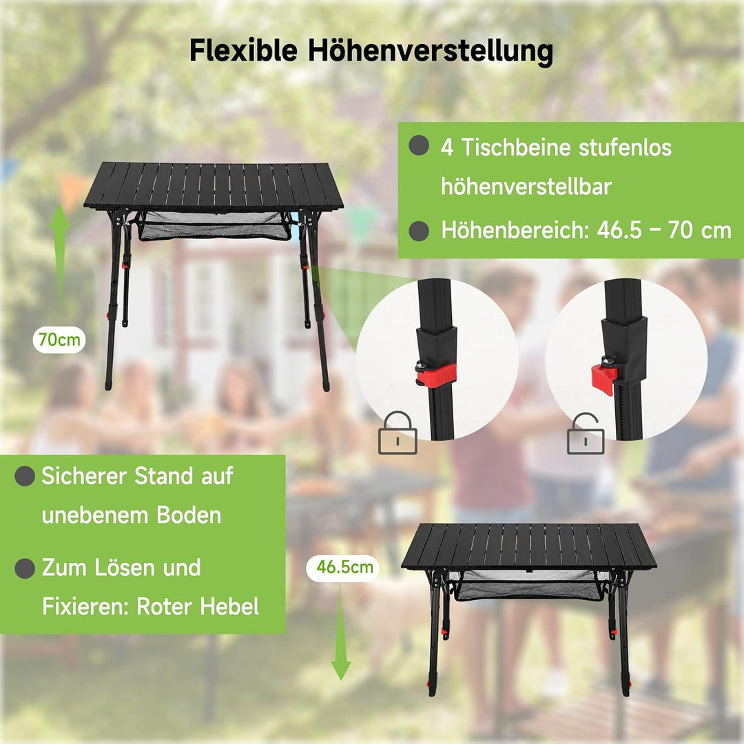 HAUSPROFI Campingtisch Klappbar Aluminium Höhenverstellbar 93x53cm Falttisch mit Aufrollbarer Tischp