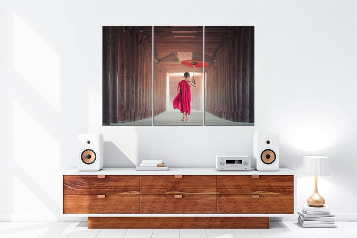 deyoli Junger Mönch im roten Gewand Format: 3-teilig 120x80 als Leinwand, Motiv fertig gerahmt auf E