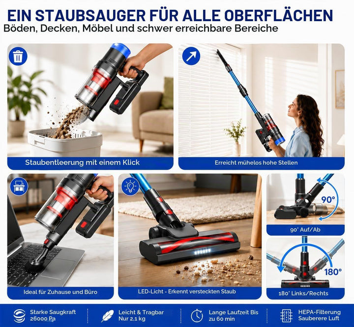 Akku Staubsauger, 26000Pa/250W/60 Mi/3 Geschwindigkeitsstufen, HEPA-Filter, motorisierte Milbenbürst