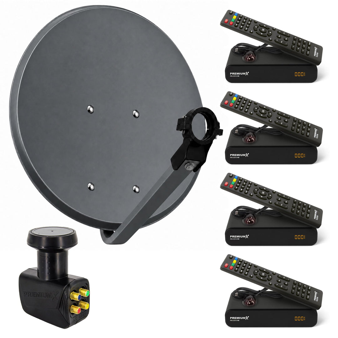 Premium X Satelliten-Komplettanlage 4 Teilnehmer 80cm Antenne Anthrazit SAT Quad LNB 4X Satelliten-R