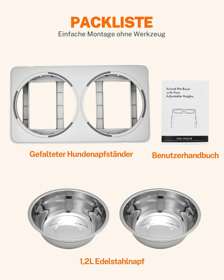Toozey Hundenapf, Futterstation mit 2X 1200ml Edelstahlnäpfen, für mittlere & grosse Hunde，4 Höhenve