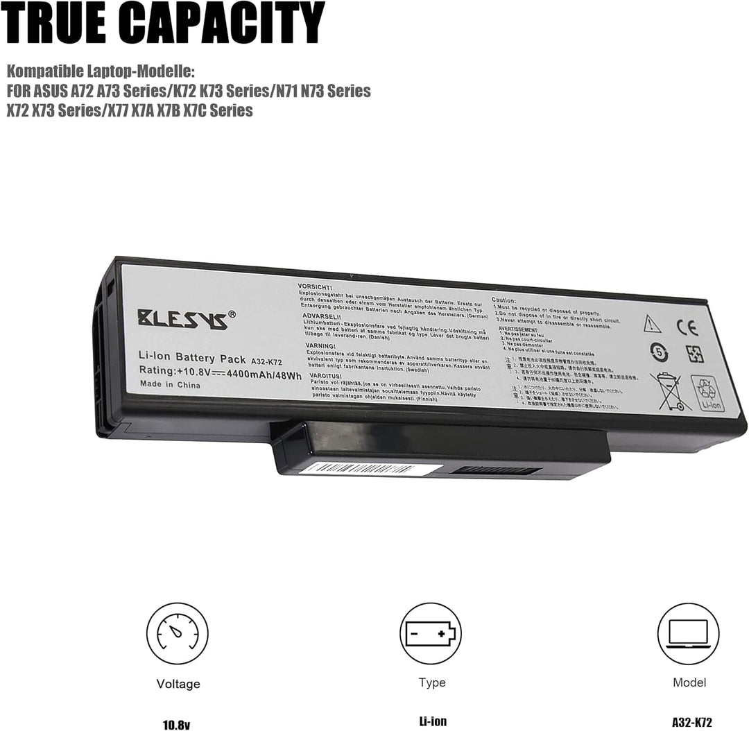 BLESYS li-ion Akku für ASUS A73 A73S A73SV A73SJ A73T A72 K73 K73E K73S K73SM K72 K72JR K72JT K72F K