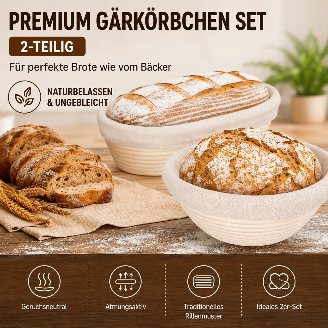 Premium Gärkörbchen Set 2-Teilig – 23cm Rund & 25cm Rechteckig Brotgärkorb aus 100% Ungebleichtem In