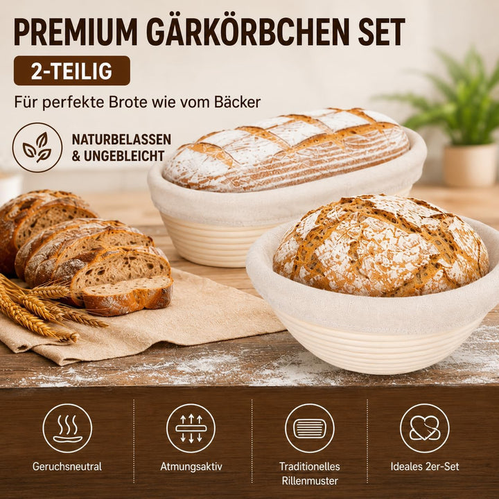 Premium Gärkörbchen Set 2-Teilig – 23cm Rund & 25cm Rechteckig Brotgärkorb aus 100% Ungebleichtem In
