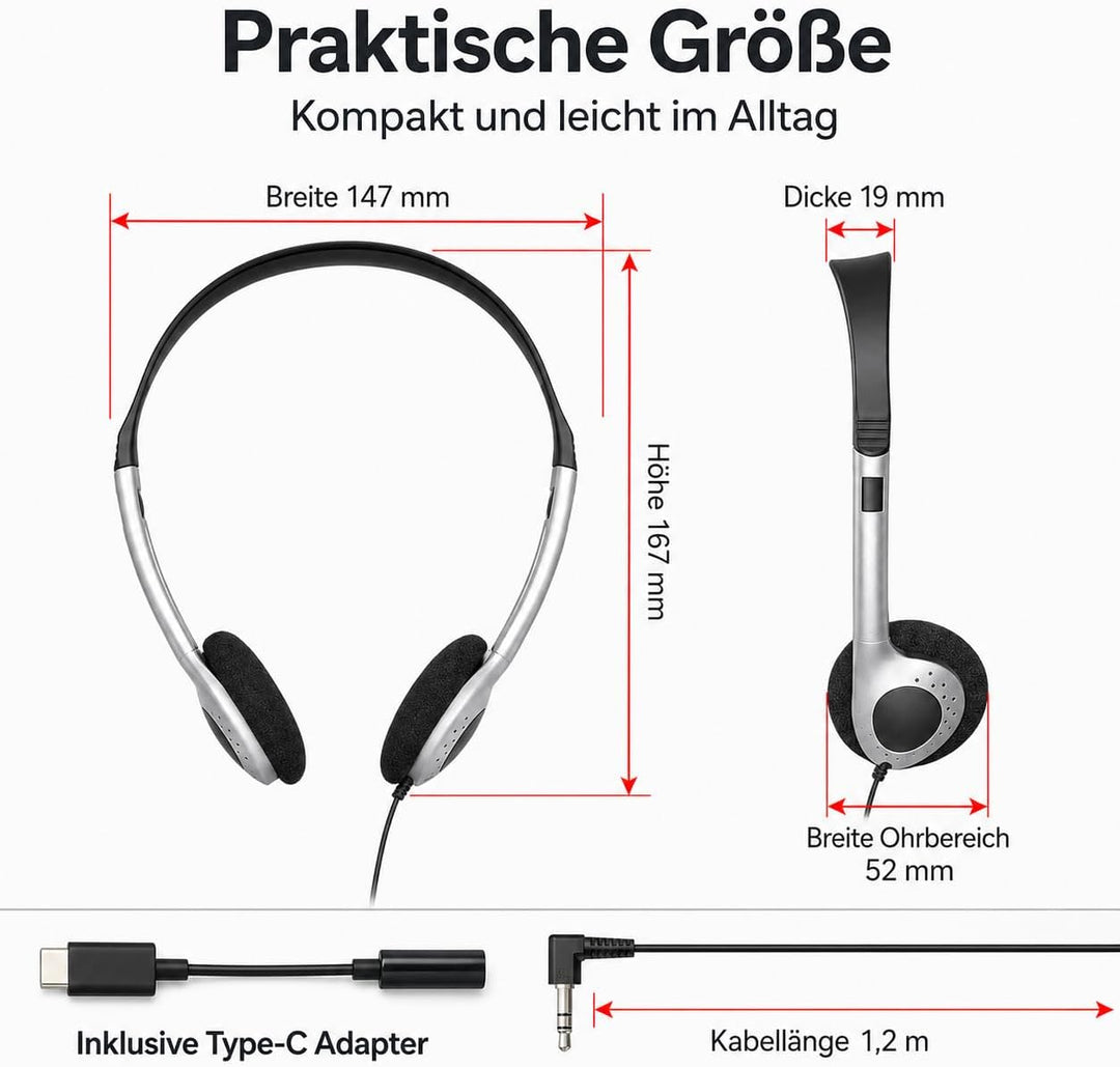 Stabile Retro Kopfhörer, Kabelgebunden, Silber Vintage Design, Kompatibel mit PC, Smartphones und Ta
