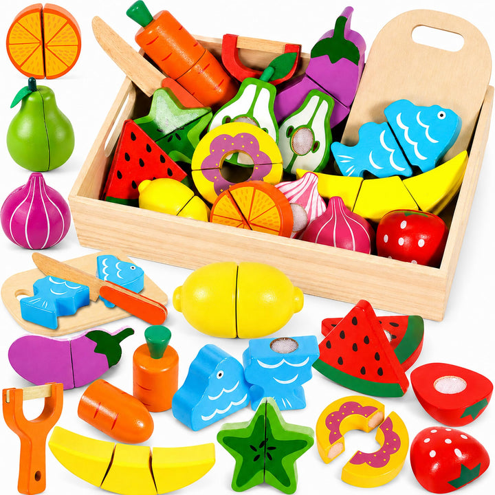 Kinder Holzspielzeug Küche – Schneideset mit Obst und Gemüse zum Zerschneiden, inkl. Schäler/Holzmes