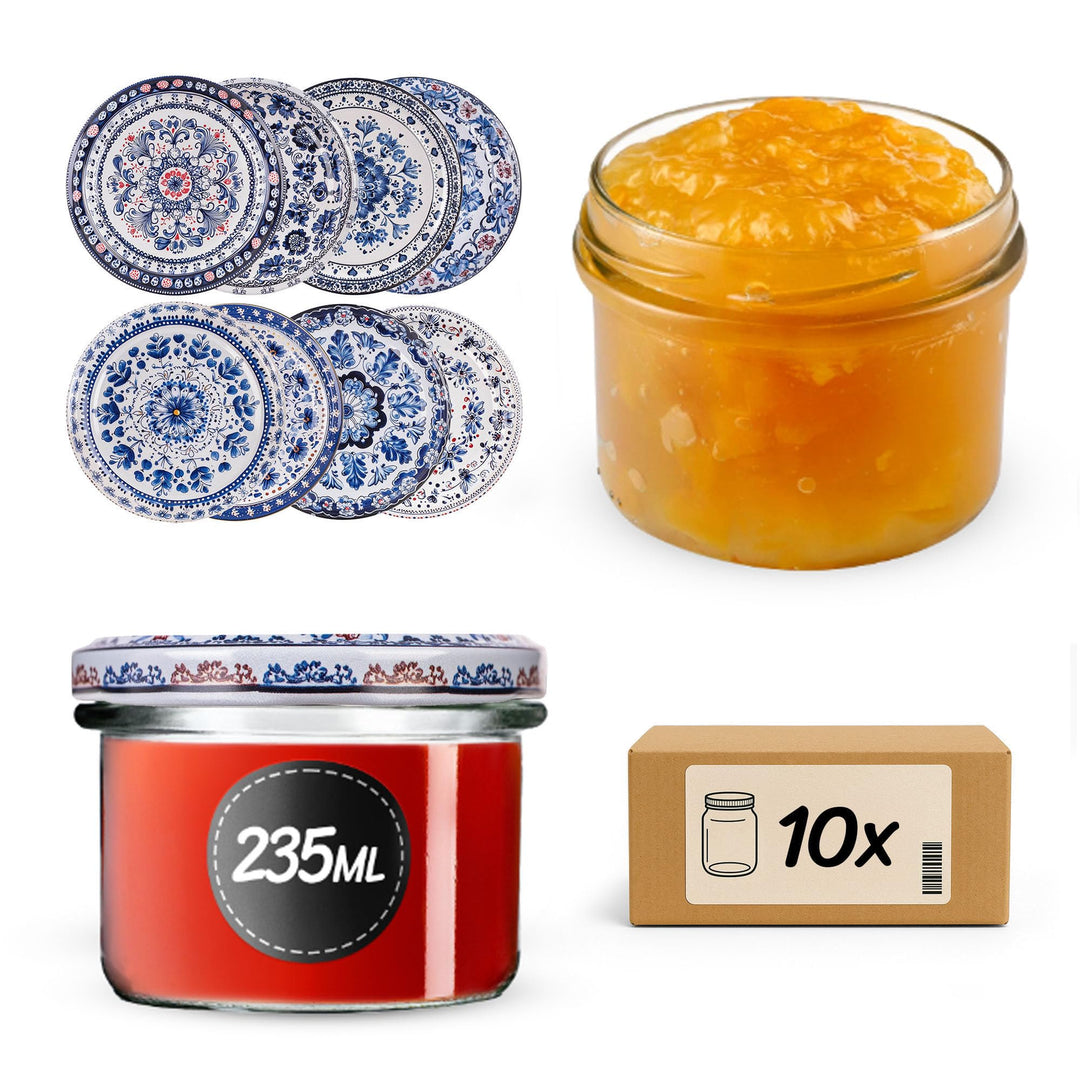 KADAX 10er Set Marmeladengläser 235ml TO82 Blau/weiss, Einmachgläser Vorratsgläser Mason Jar mit Sch