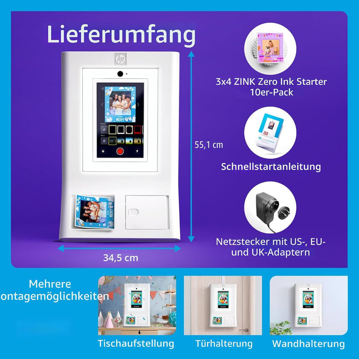 HP Sprocket Fotobox-Maschine Sofort-Farb-Fotodrucker (Weiss) Papier-Paket + Zink 3,5 x 4,25” Zink-Se