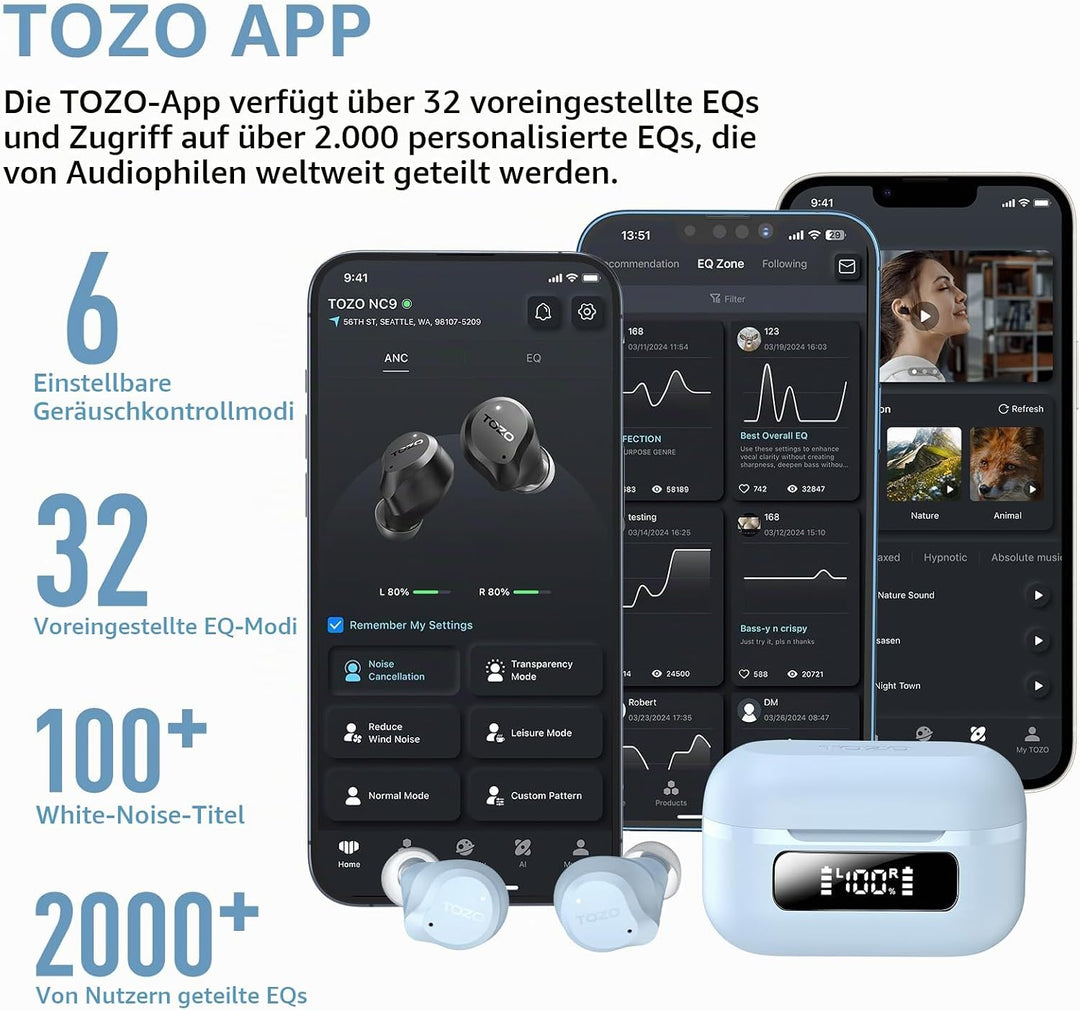 TOZO NC9 In Ear Kopfhörer Kabellos Bluetooth 5.3 mit Hybrid Active Noise Cancelling, 6 Mikrofone für