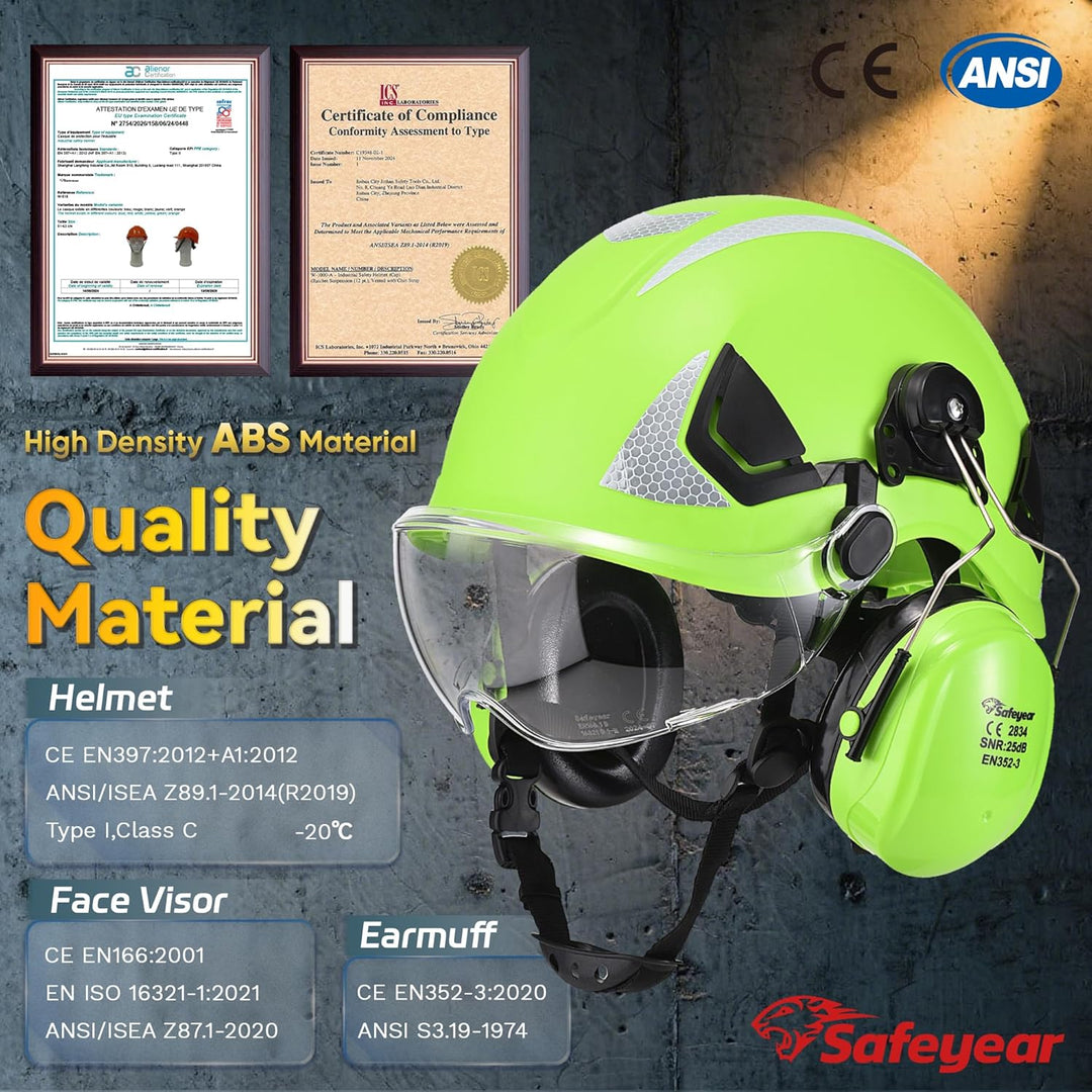 SAFEYEAR Sicherheit Harter Hut mit Anti-Kratzer Brille, eramuffs, CE EN397 Sicherheitshelme mit Kinn