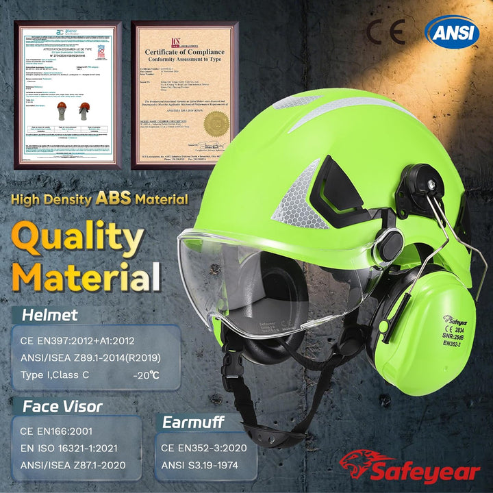 SAFEYEAR Sicherheit Harter Hut mit Anti-Kratzer Brille, eramuffs, CE EN397 Sicherheitshelme mit Kinn