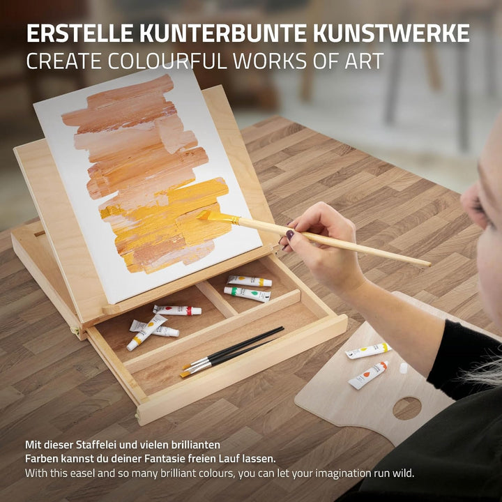 ECD Germany Tischstaffelei aus Holz mit Schublade und Palette, Holzstaffelei klein mit Aufbewahrungs
