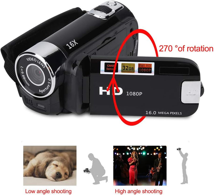 Ejoyous Digitaler Camcorder, 16X Full HD Videokamera High Definition Videokamera mit 270 Grad Drehbi