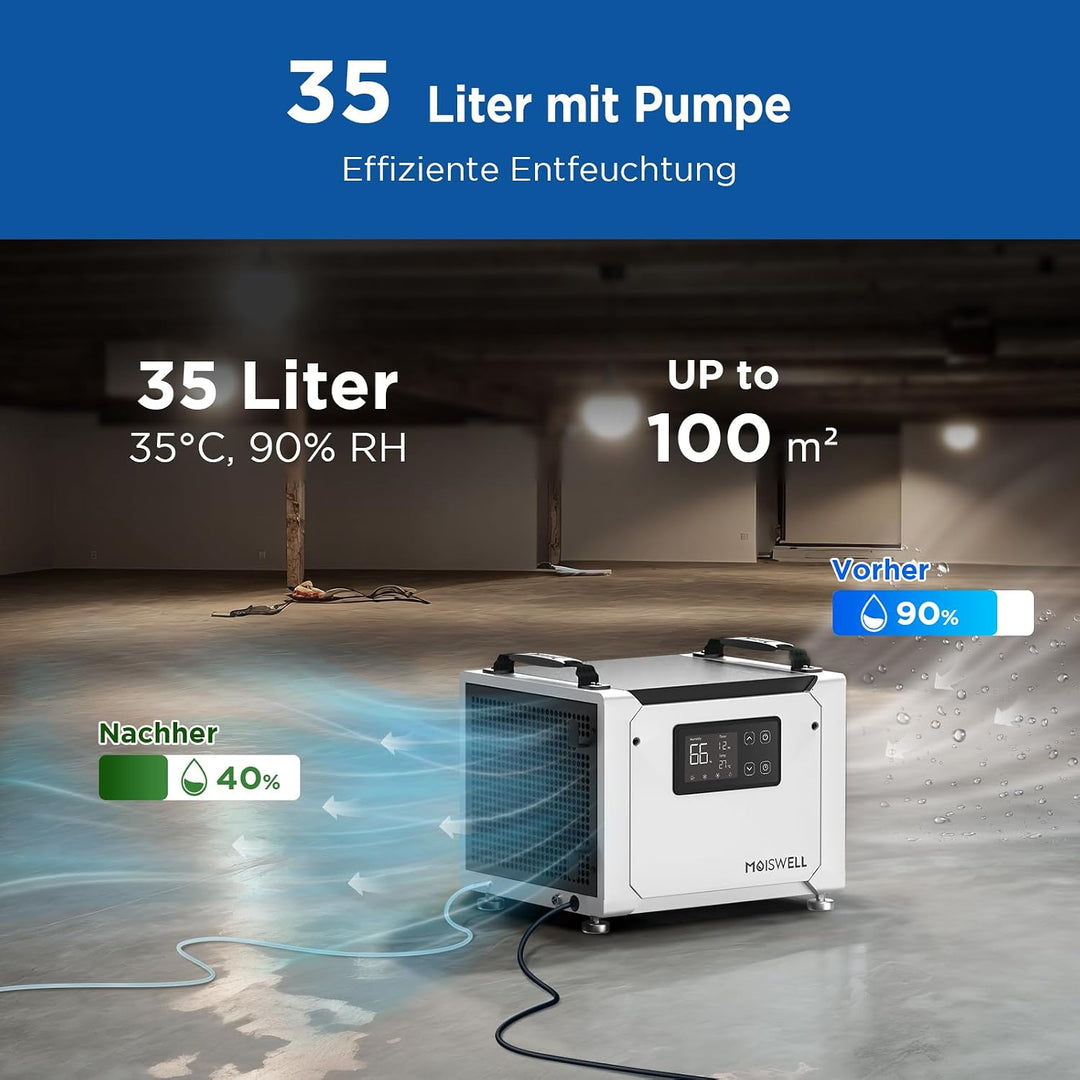 Luftentfeuchter mit Pumpe 35L/Tag – Effektiv gegen feuchte Räume &amp; Schimmel, für Keller, Kriechkelle