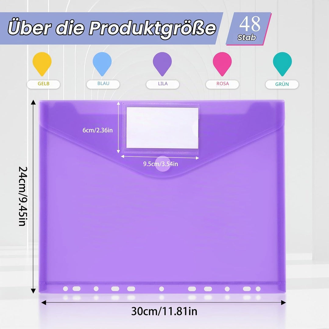 Sosayet Dokumententasche A4 Abheftbar - 48 Pack mit 11 Lochrand Klettverschluss und Etikettentasche