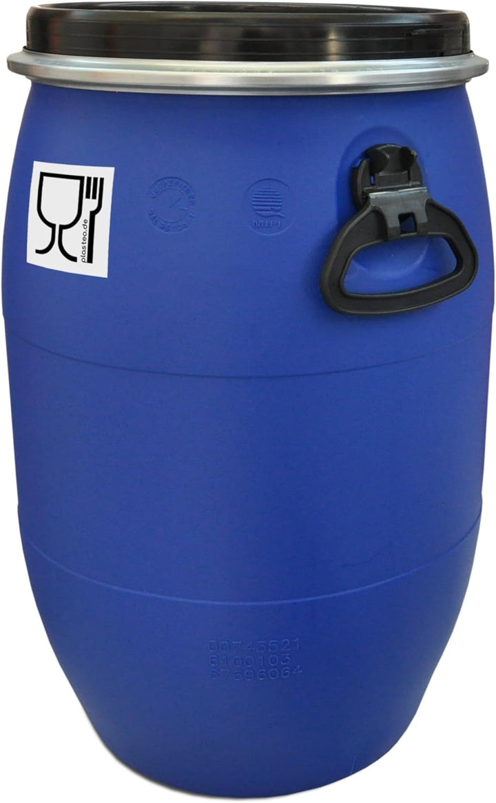 plasteo® 2 Stück: 60 L Weithalsfass mit Spannverschluss | 100% Lebensmittelecht | Universalfass | Fu