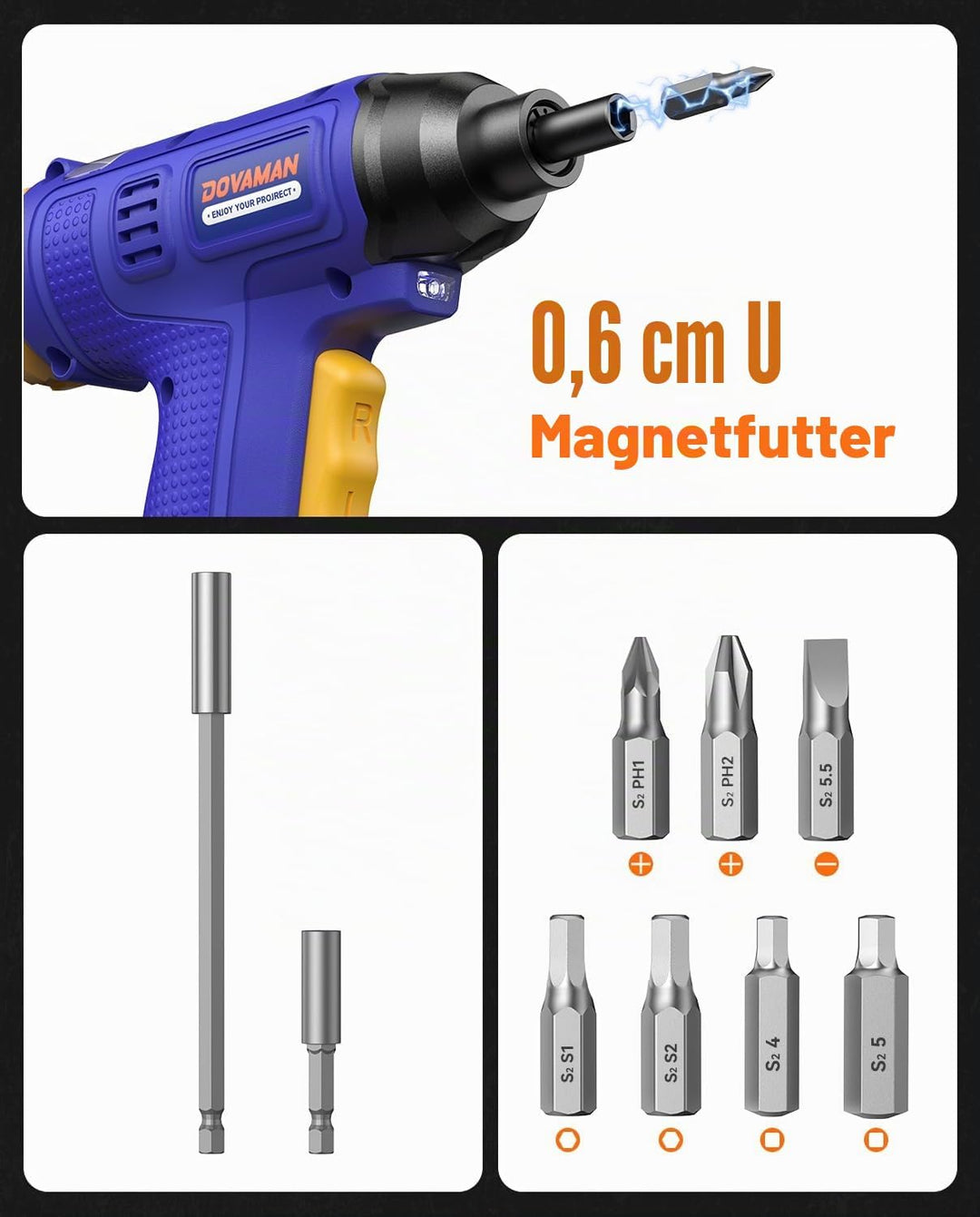 DOVAMAN E009A 6NM Akkuschrauber, Integrierte Bit-Aufbewahrung, Type-C-Schnellladung, LED, 4V Tragbar