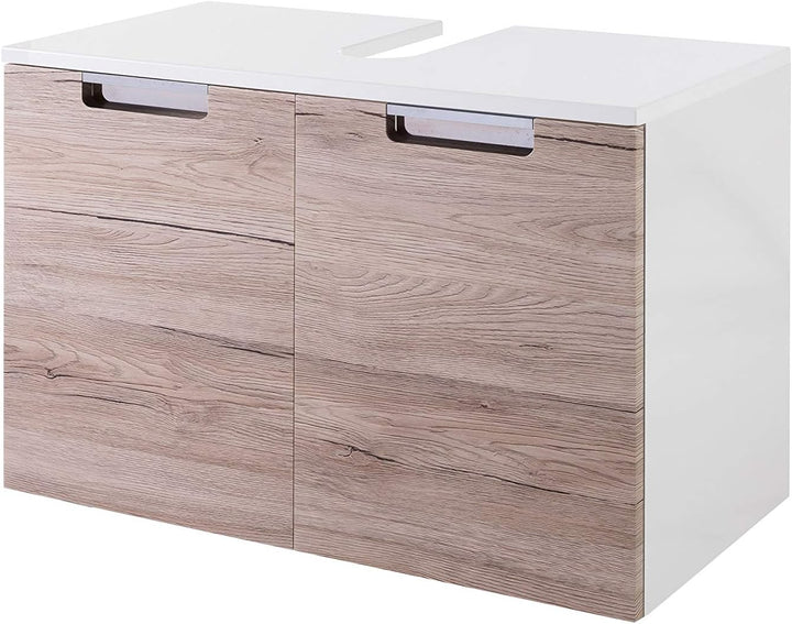 Schildmeyer Rilana 130516 Waschbeckenunterschrank, weiss Glanz/Eiche Sanremo Dekor, 46,5 x 65 x 35 c