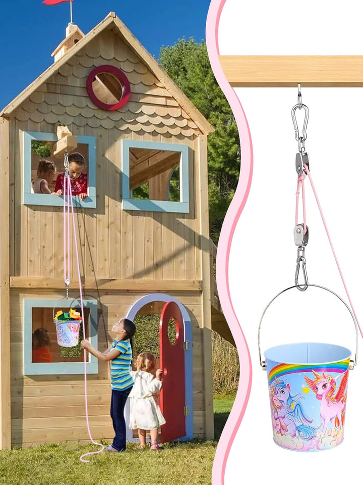 FUQUN Flaschenzug Kinder, Riemenscheibe mit Eimerkabel, Kids Playhouse Accessories, Pulleys for Kids