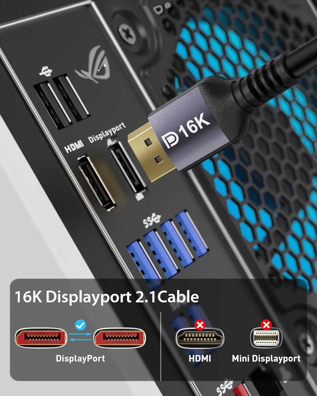 Stouchi DisplayPort Kabel 2.1 10M DP2.1/2.0 Kabel [16K@60Hz,10K@60Hz, 8K@120Hz,4K@240Hz 165Hz 144Hz]