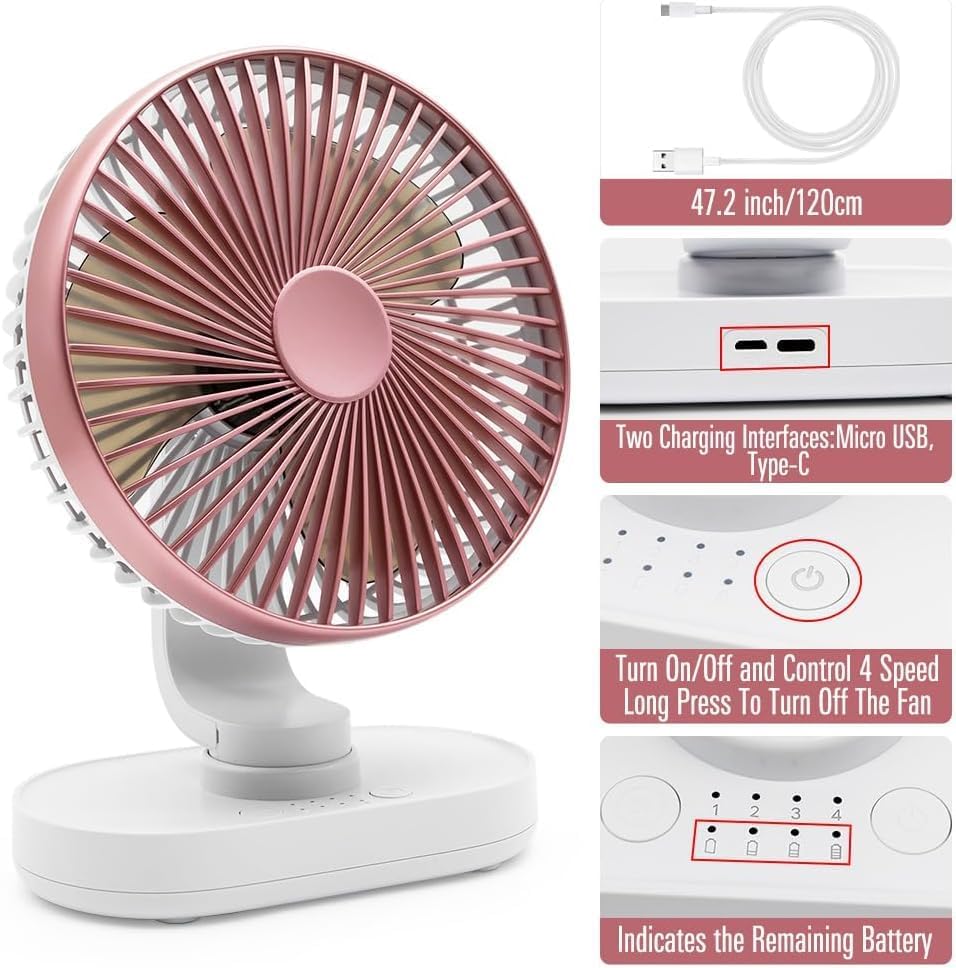 Tischventilator sehr Leise, 16,5CM Klein Ventilator, Auto Oszillierend, 4 Geschwindigkeiten, Starkem