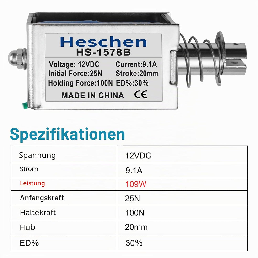 Heschen Magnet-Elektromagnet, HS-1578B, DC12 V, 4,8 A, 25 mm Hub, Kraft 50 N, Push-Pull-Typ, offener
