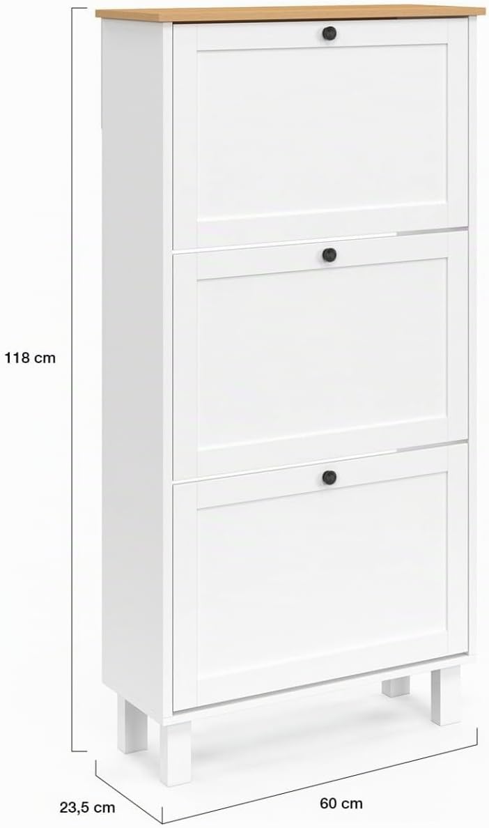 IDMarket - Schuhmöbel 18 Paar ACHILLE 3 Türen weiss und Holzplatte