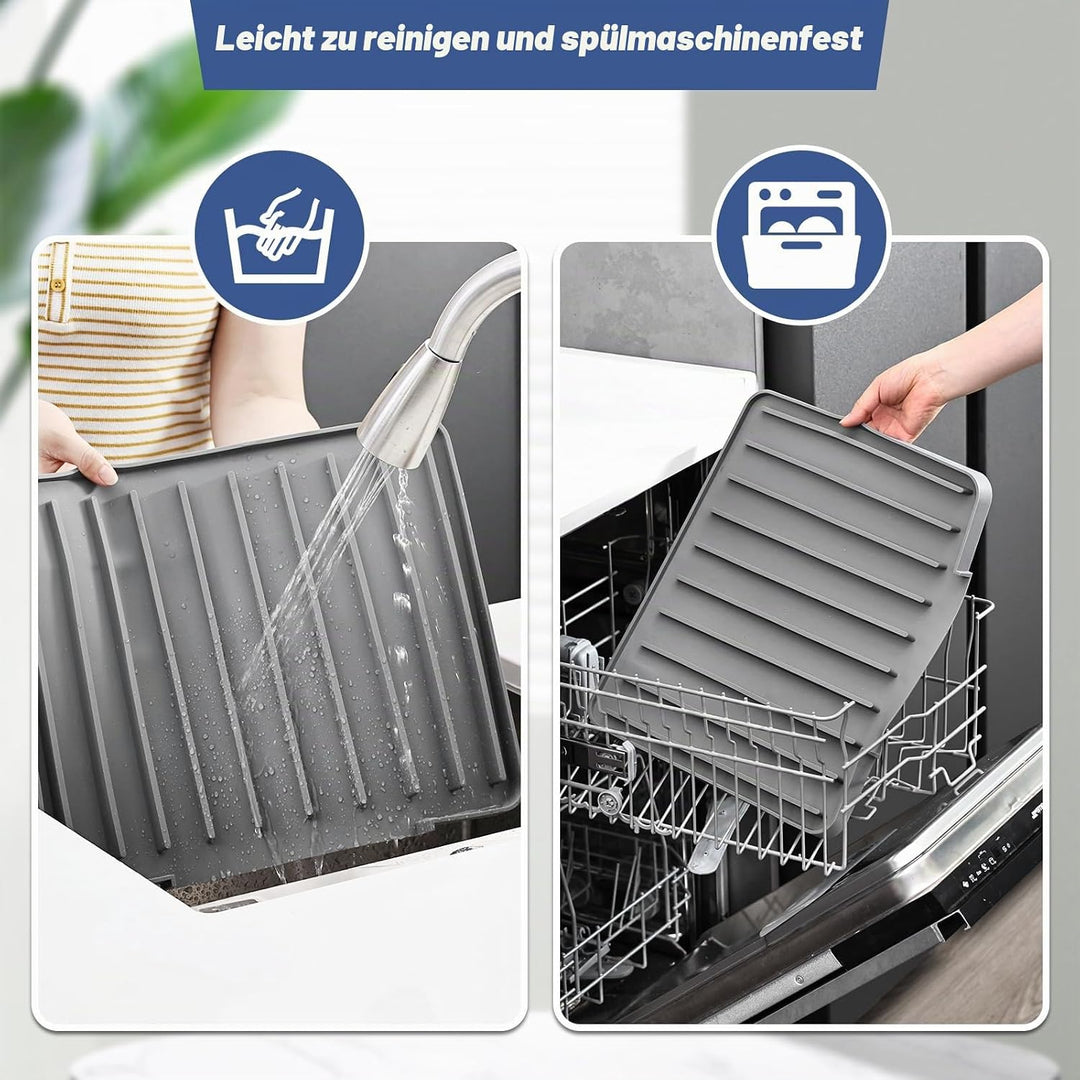 Silikon Abtropfmatte Geschirr, Grau, 40x33x2cm | Ohne Falten, Schrägdesign mit Ablauföffnung, Hitzeb