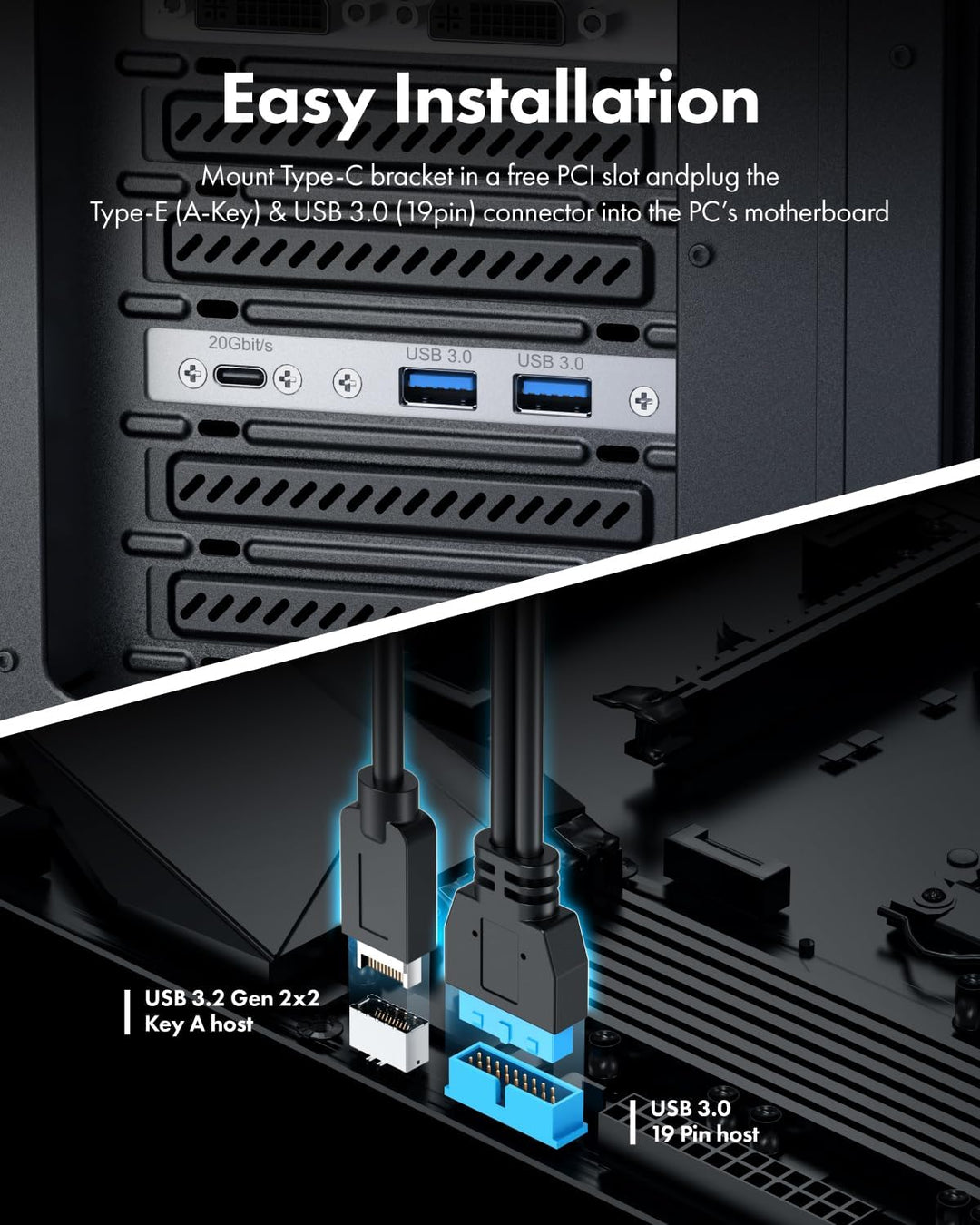 GRAUGEAR 20Gbit/s USB Port Typ-C & 2x Typ-A I USB HUB in PCI Slot [Extra HUB] Mainboard USB Verlänge