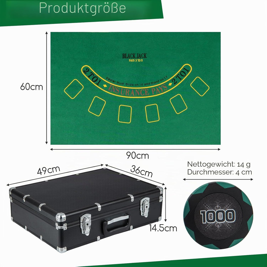 HOMASIS Pokerset Profi Deluxe 300/600 Laserchips, Alu Pokerkoffer mit 2/6 Kartendecks, 5 Würfeln, 3