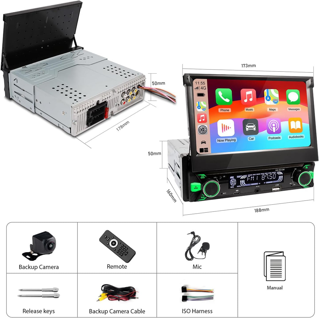 Alondy Autoradio 1DIN mit Ausklappbarer Bildschirm(7 Zoll automatisch), Kompatibel mit [Wireless] Ap
