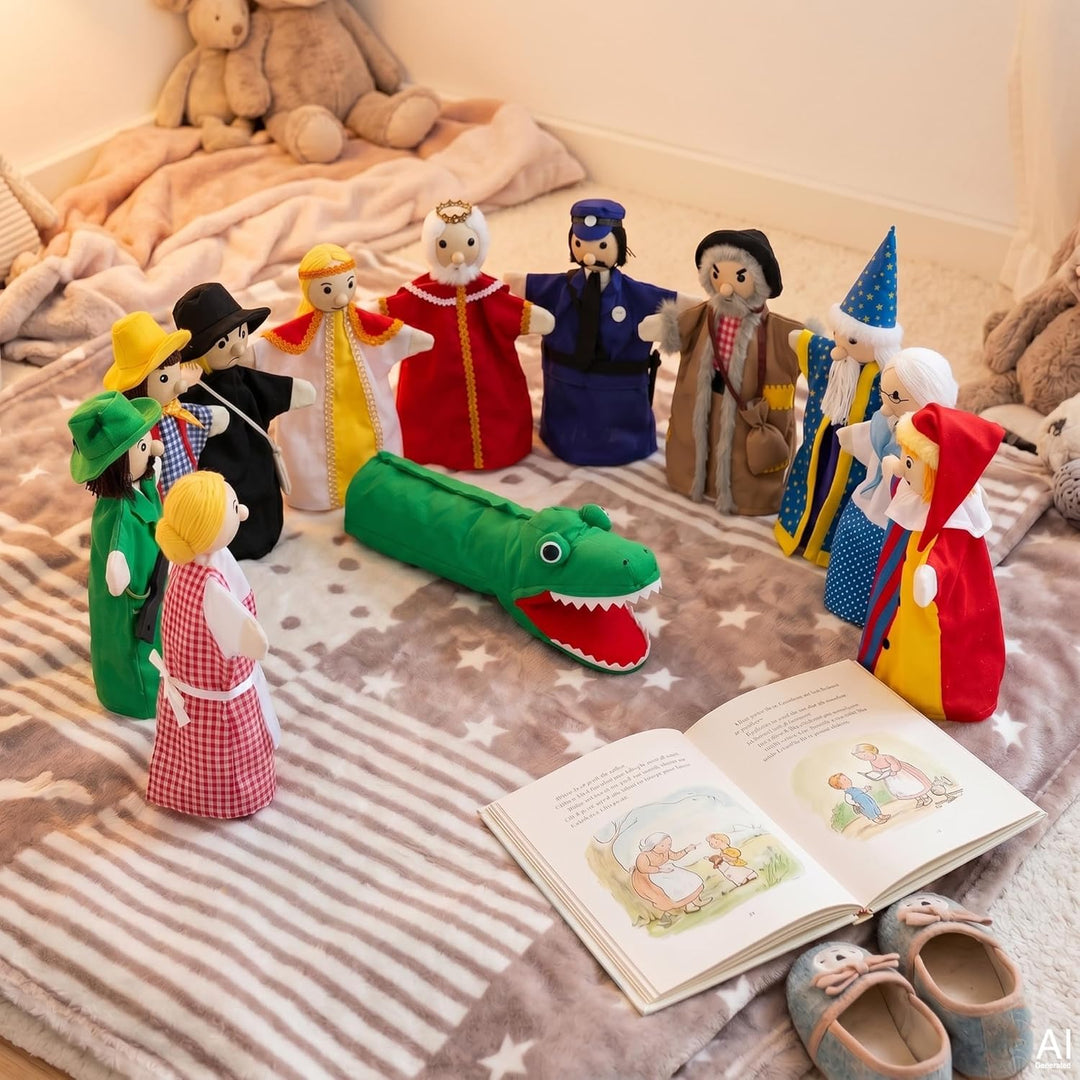 goki SO450 - Handpuppenset - liebevoll gestaltet aus Holz und Stoff - 12 Puppen