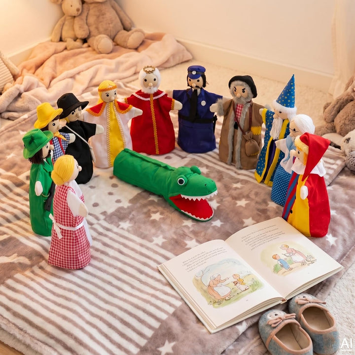 goki SO450 - Handpuppenset - liebevoll gestaltet aus Holz und Stoff - 12 Puppen