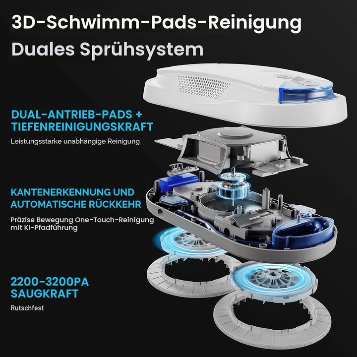 KKI Fensterputzroboter,Automatischer Fensterreiniger-Roboter, Dual-Spray, Max. 3200 Pa, KI-Pfadplanu