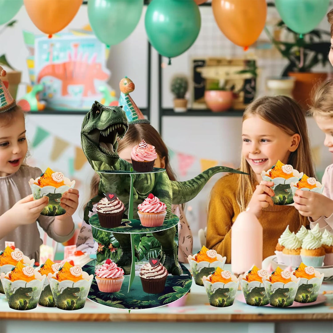 3 Tier Dinosaurier Kuchen Stand, Cupcake Turm, 12Pcs Dinosaurier Kuchen Surround Dinosaurier Thema G