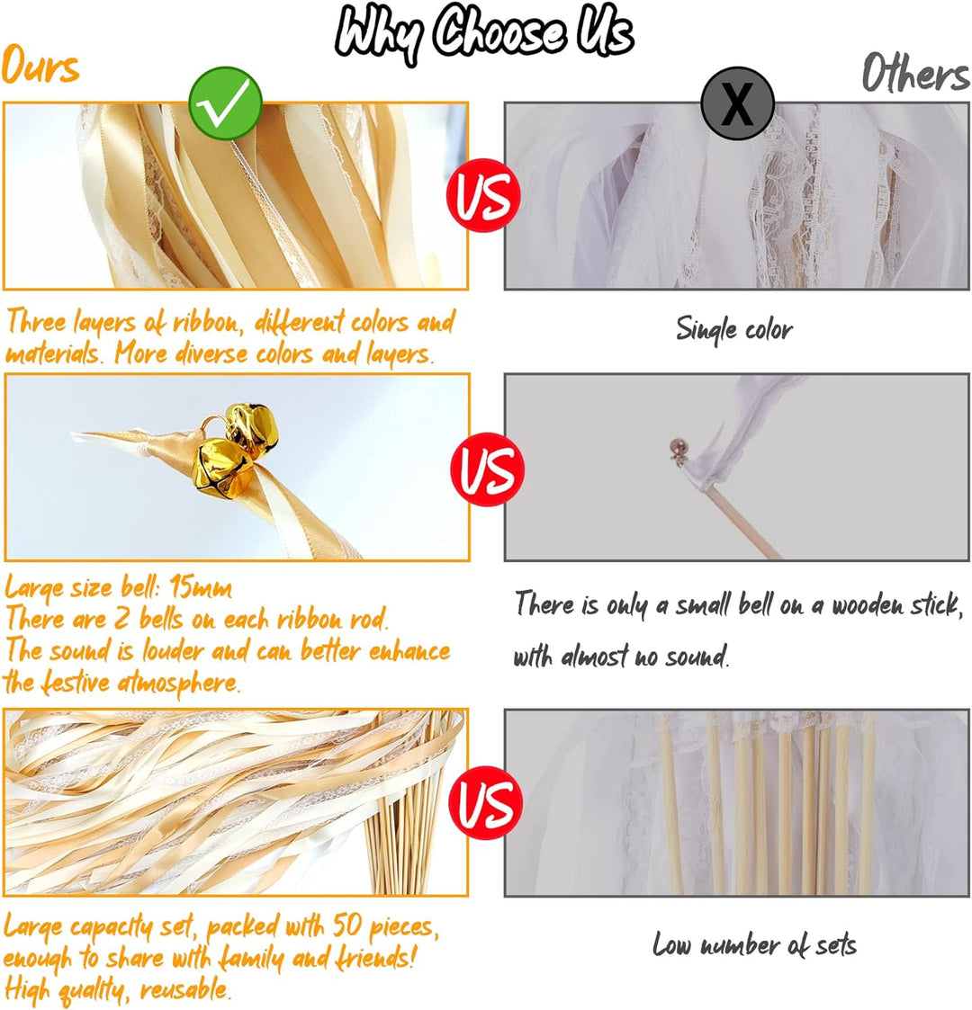 Wedding Wands,50 Stück Stäbe mit 100 Gross Glöckchen und 150 Hochzeitsbändern,Seidenfeenstab,Gastges